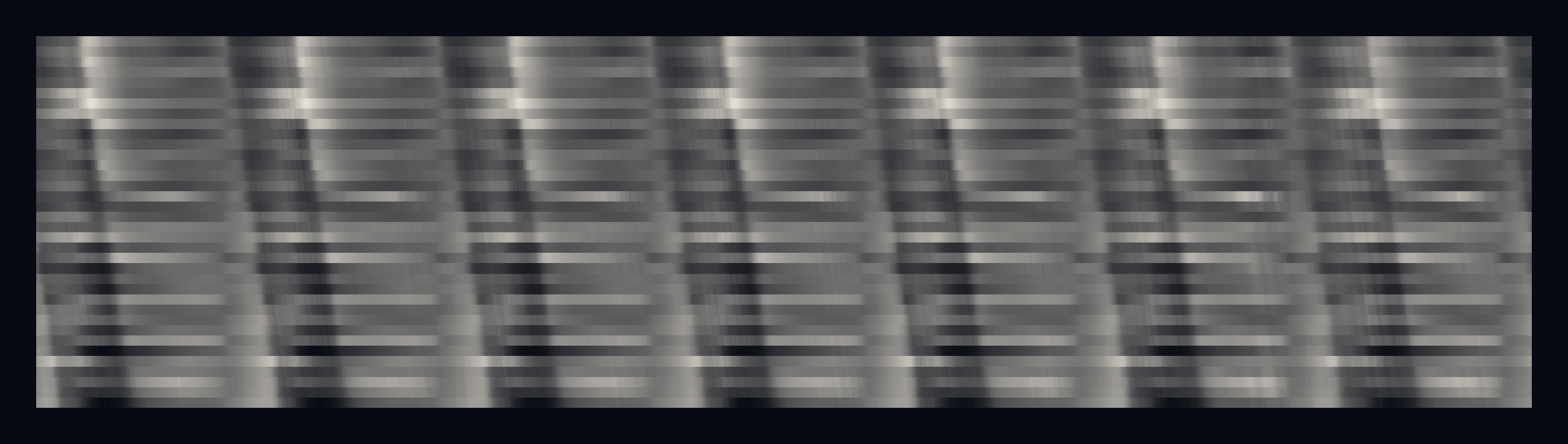 Fine horizontal stripes of light and dark on a dark ground, in seven slanting bands, like a woven textile.