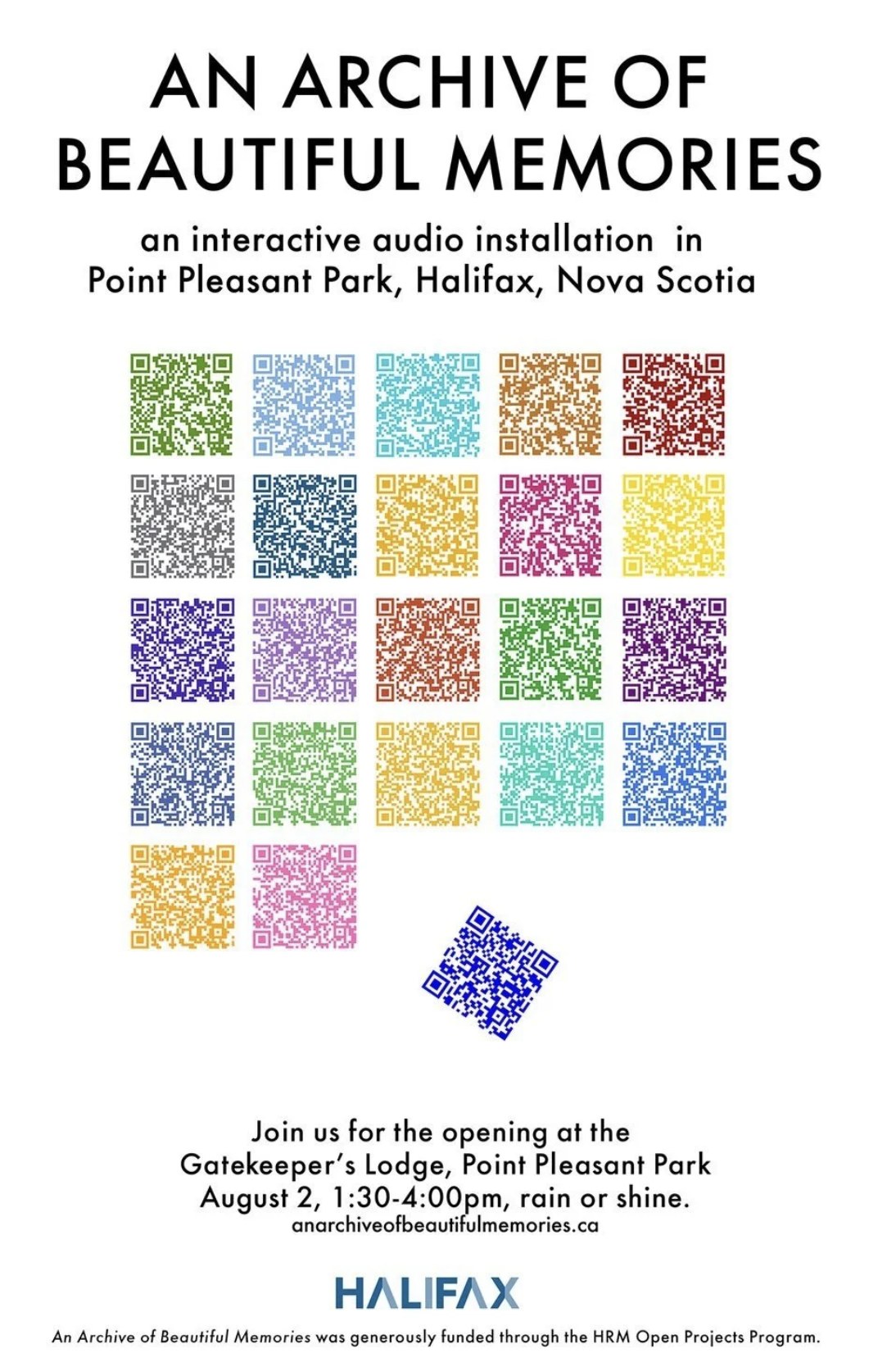 The installation poster: twenty-two QR codes in different colours under the title An Archive of Beautiful Memories.