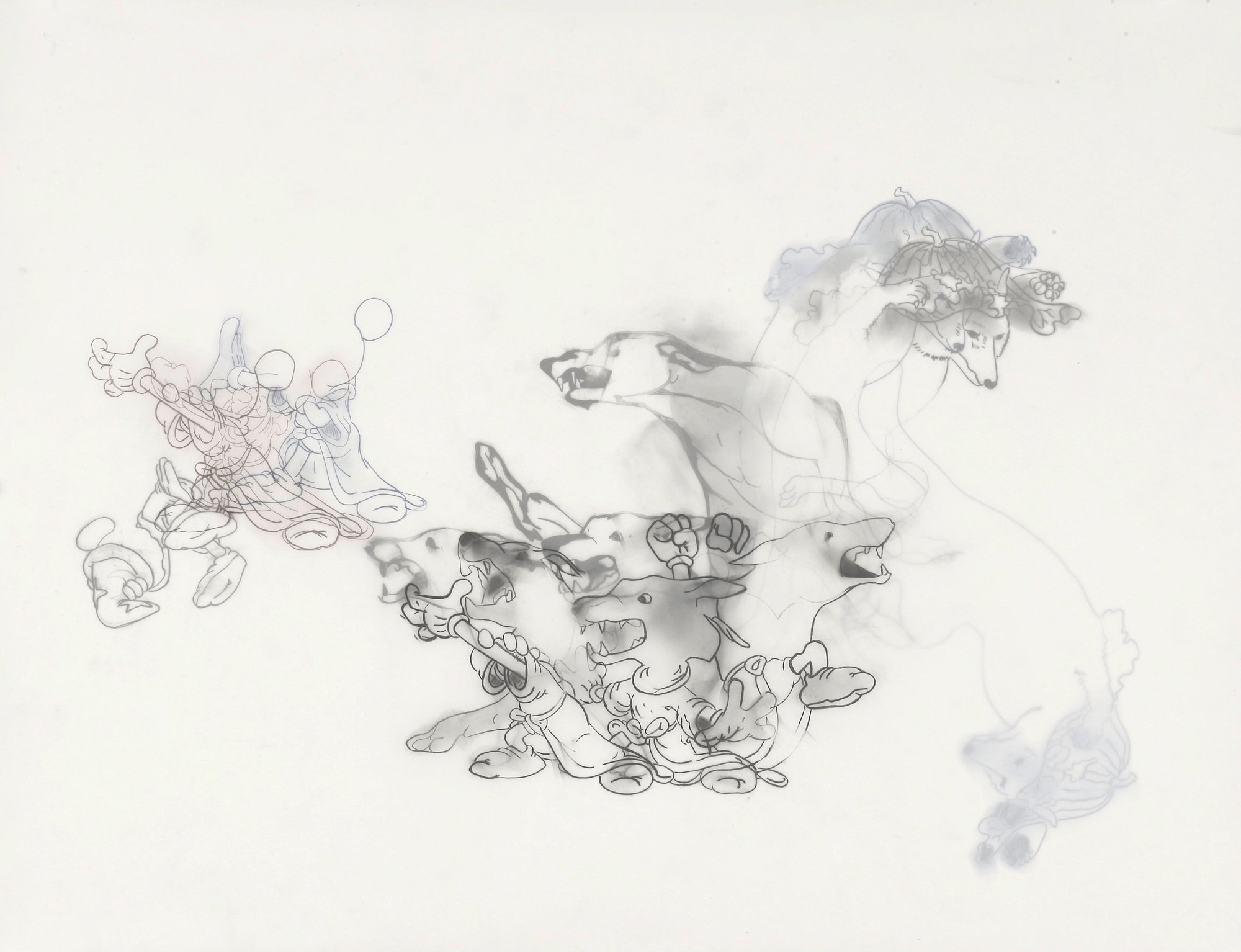 Layered drawing on mylar: cartoon figures traced in fine line, tangled with snarling dogs and a wolf, in grey, pink and blue.