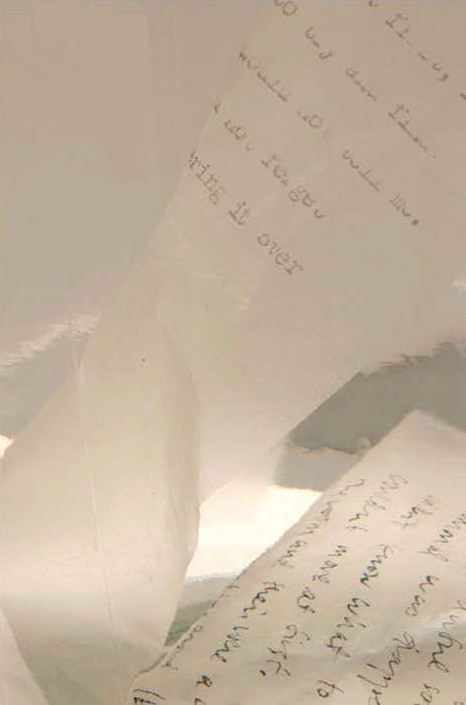 Close view of translucent gampi strips carrying typed and handwritten lines.
