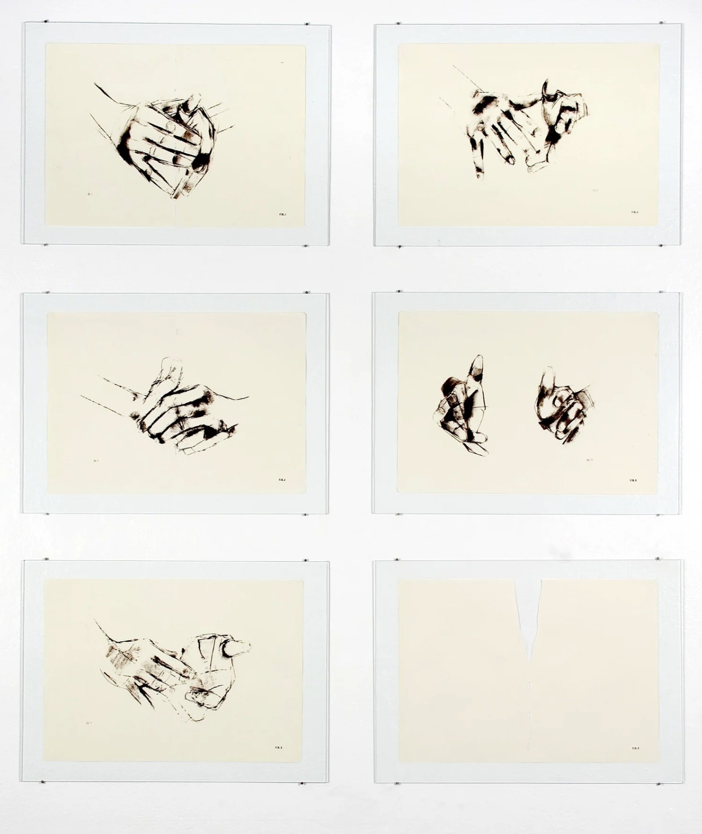 Six framed photolithographs in two columns, each a loose drawing of hands in sepia on cream paper; the last sheet is blank, torn from the top.