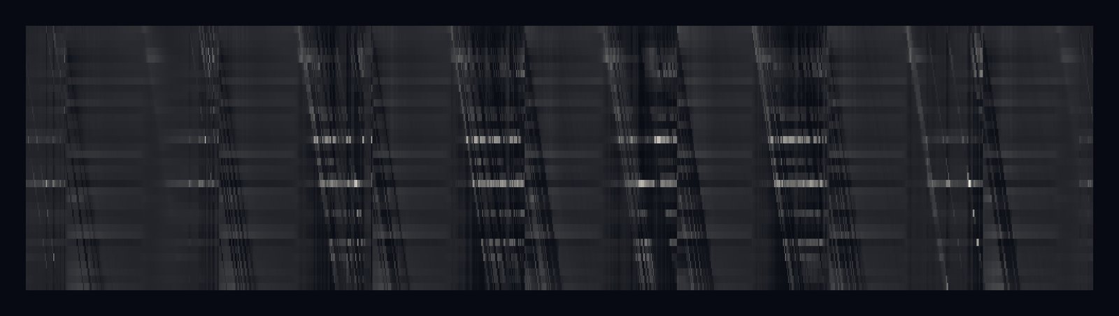 Fine horizontal stripes of light and dark on a dark ground, in seven slanting bands, irregular from day to day, like a woven textile.
