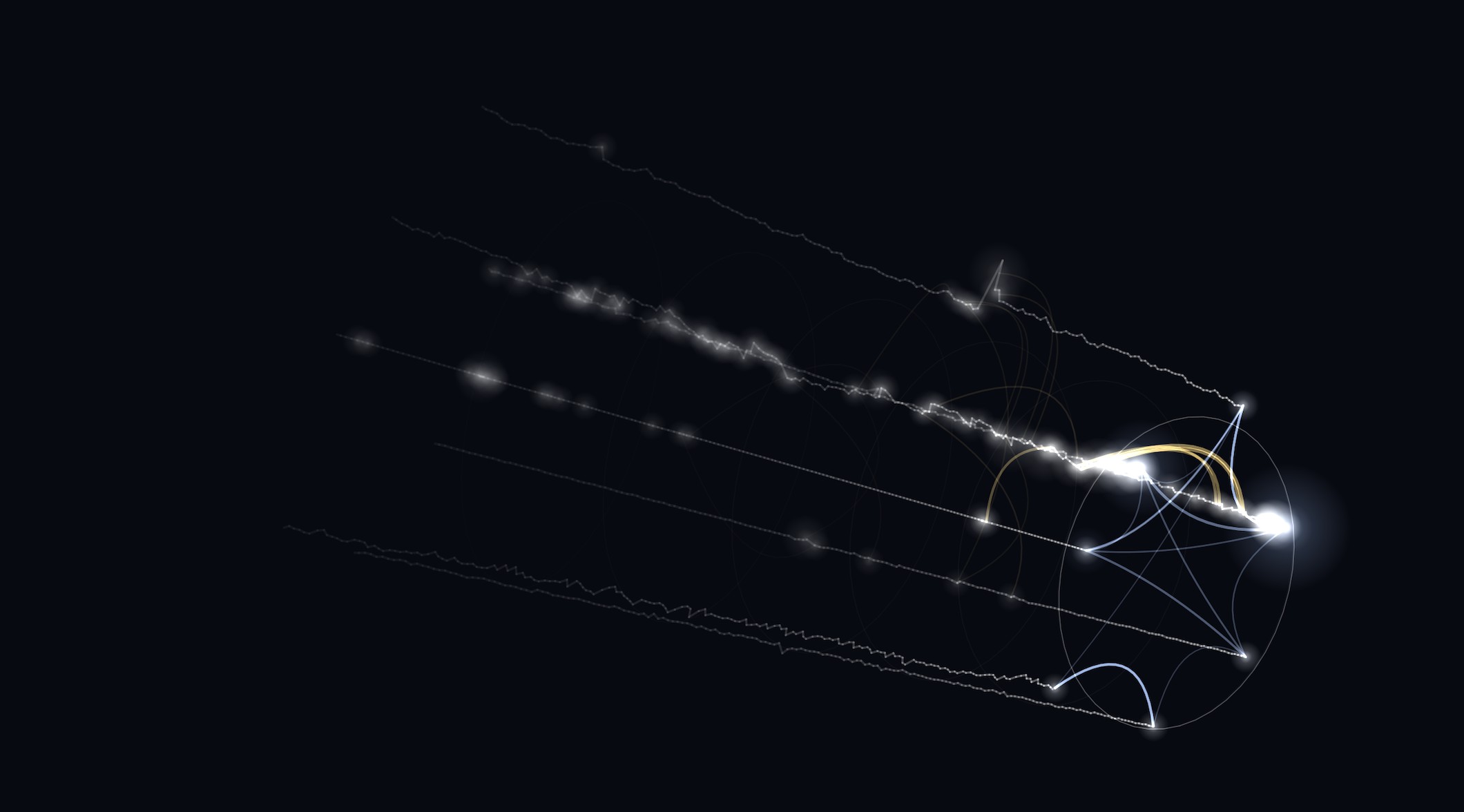 Seven lines of light in a dark field, with gilt arcs joining channels that spike together and blue threads of the model's attention.