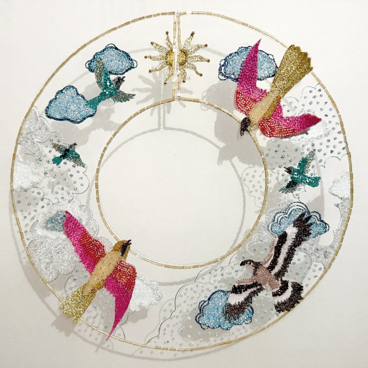 The sonic field collar: a hand-embroidered collar on silk organza with birds in thread and beads.