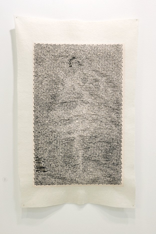 A machine-stitched dot drawing on white fabric, a dense field of small dark stitches.