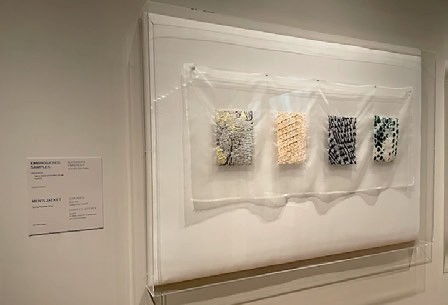 Four embroidered samples mounted in a row in a museum wall case.