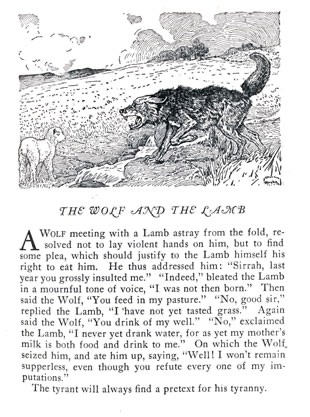 A printed page of Aesop's fable The Wolf and the Lamb with an engraving of a wolf.