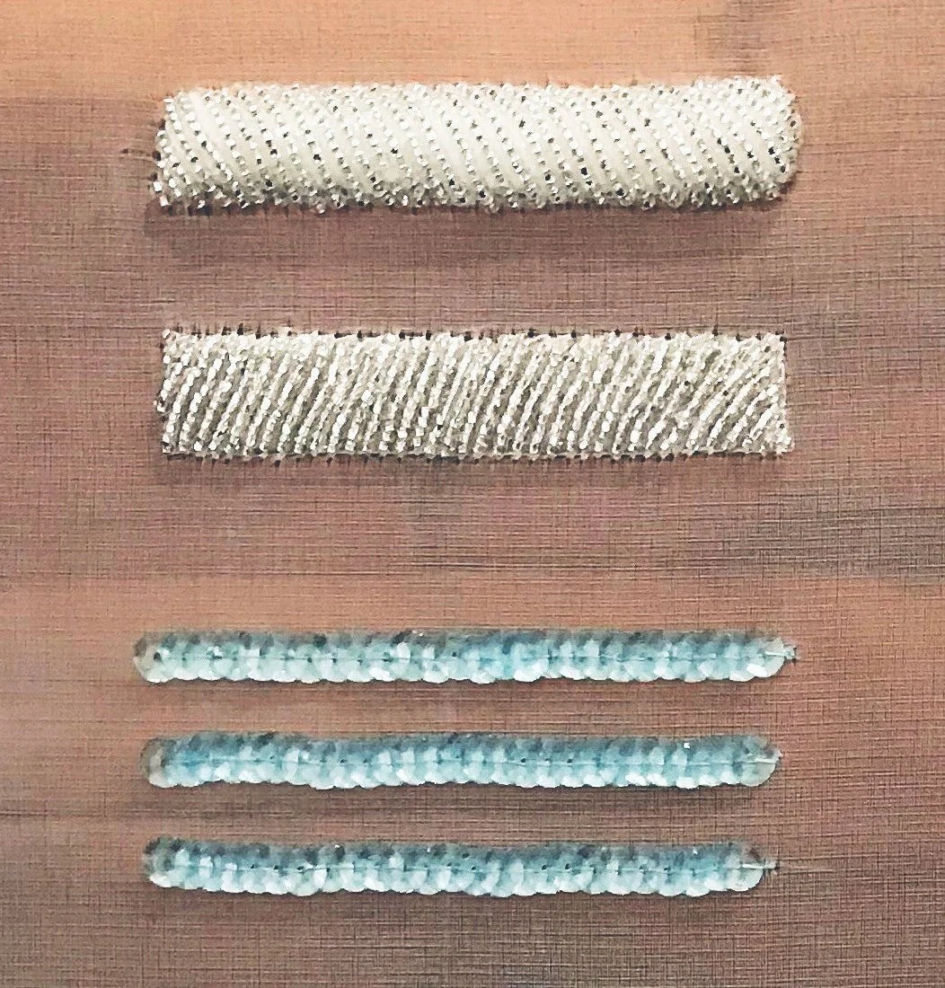 Rows of samples: cut-bead and sequin bars in white and pale blue.