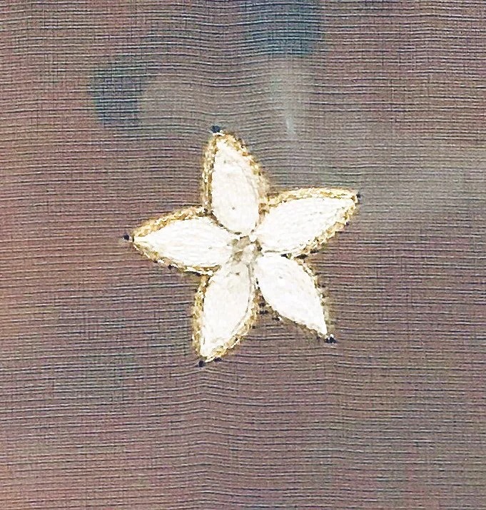 A five-petalled flower in white satin stitch edged with gold.